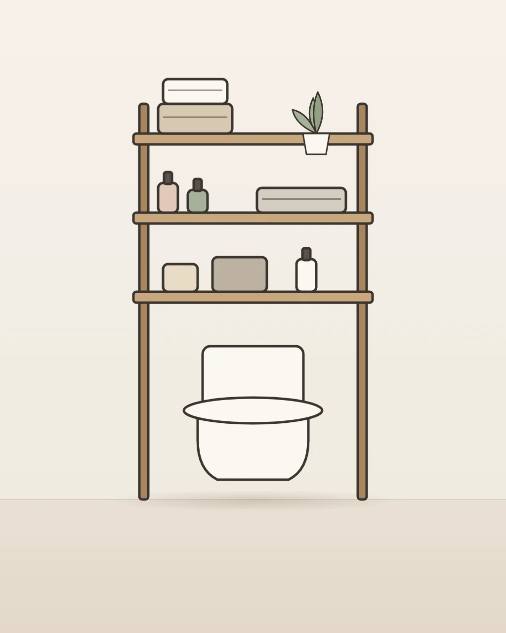 Crestmont Bathroom Storage Shelf, concept illustration of a shelf unit over a toilet holding towels and toiletries