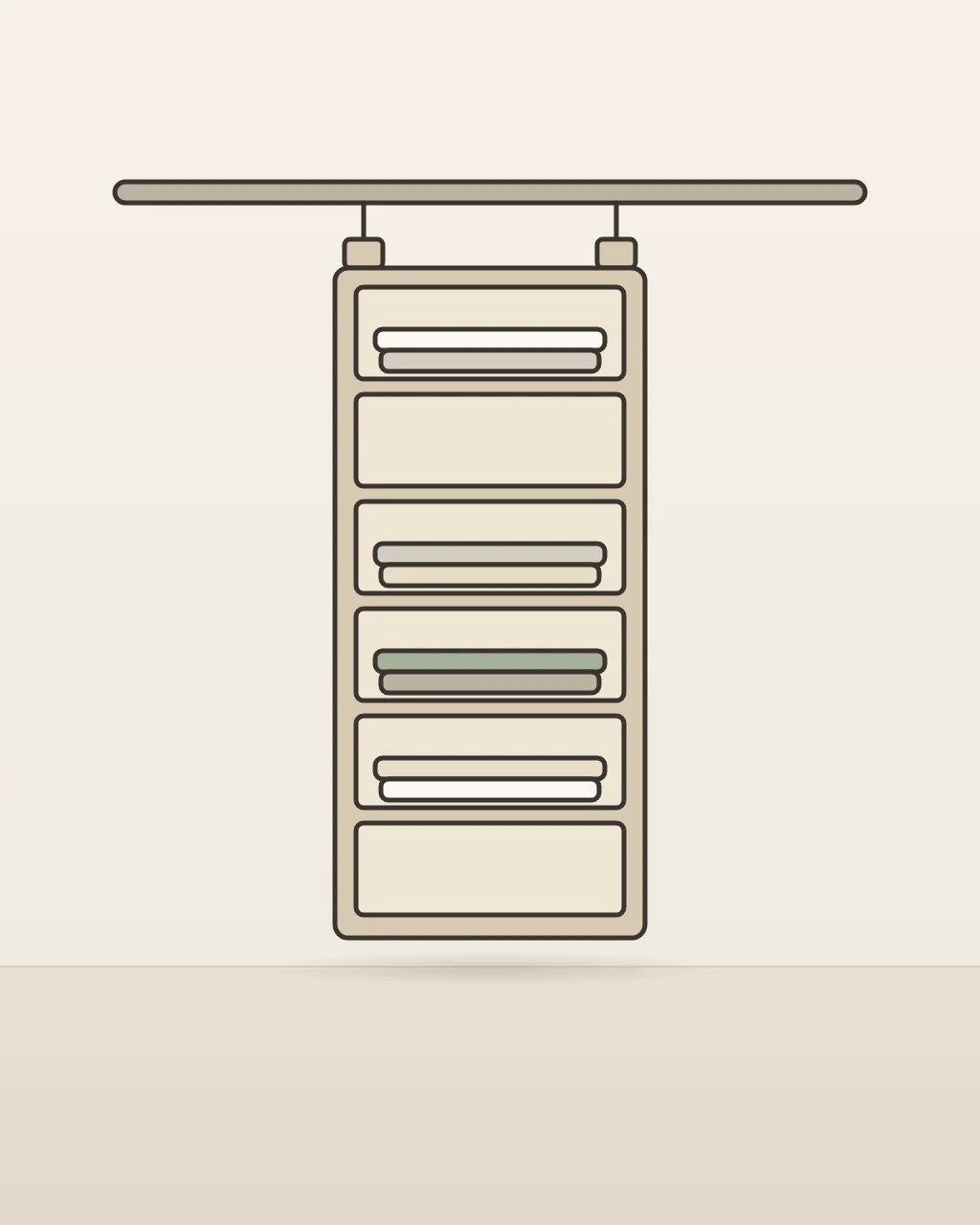 Crestmont Closet Hanging Organizer, concept illustration of hanging shelves on a closet rod holding folded clothing