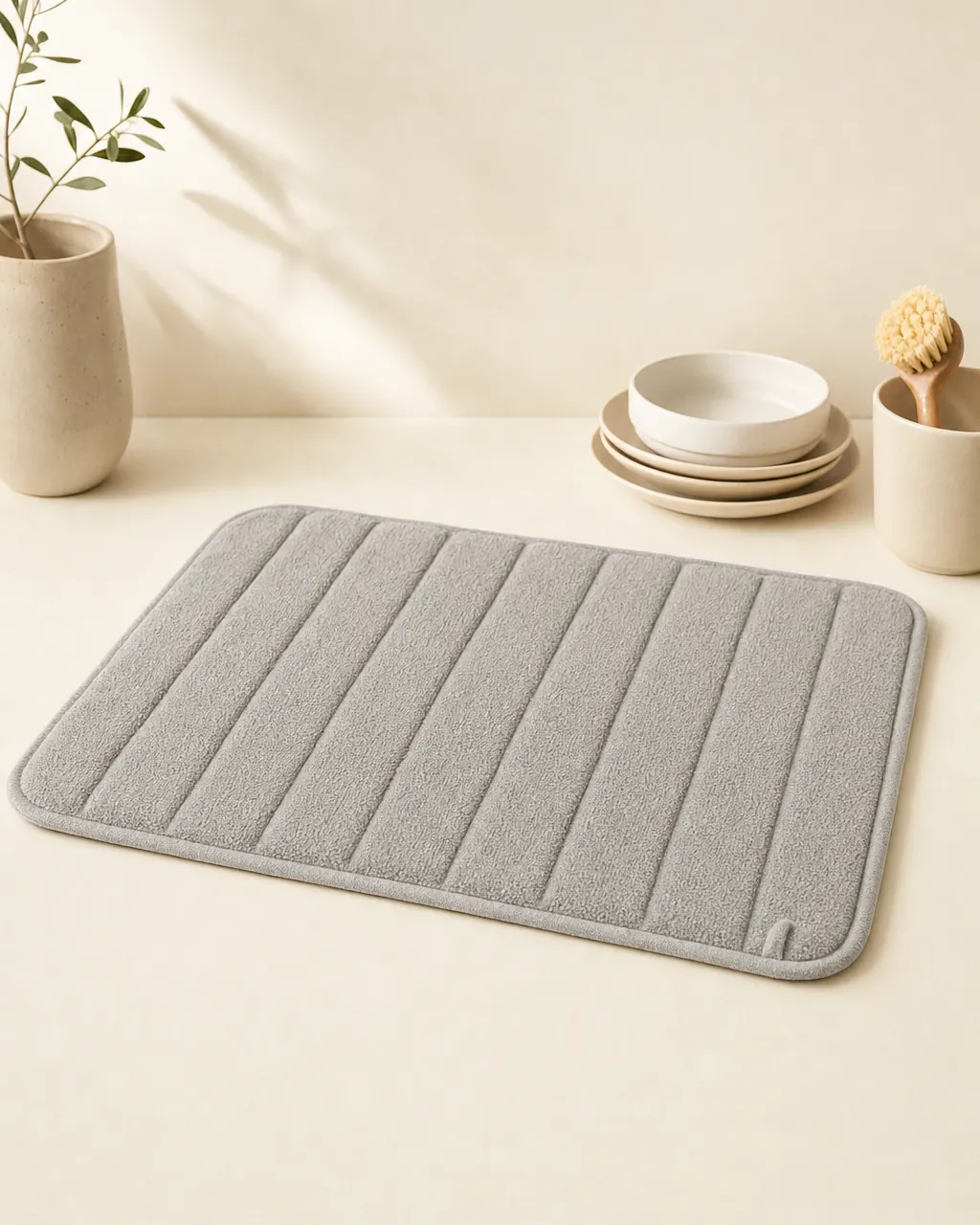 Crestmont Countertop Dish Drying Mat, product concept image laid flat on a warm neutral background