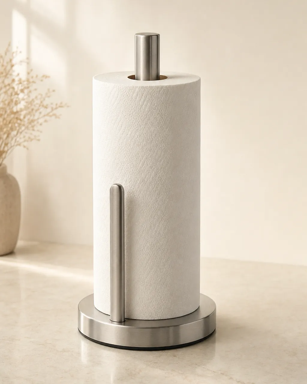 Crestmont Countertop Paper Towel Holder, product concept image with a paper towel roll on a warm neutral background