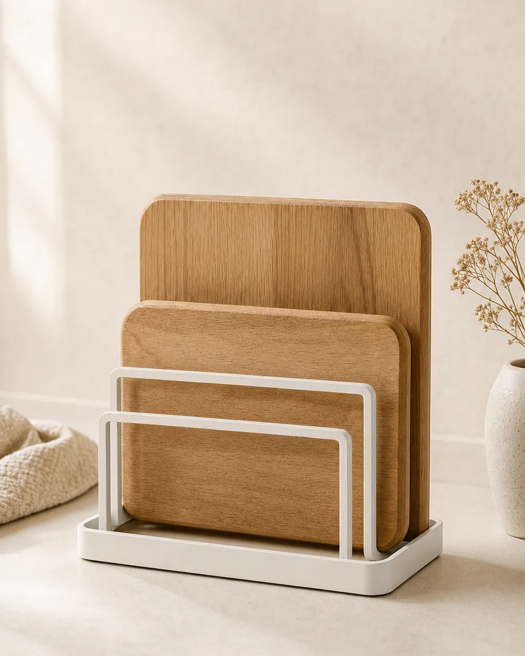 Crestmont Cutting Board Storage Rack, product concept image holding two cutting boards on a warm neutral background