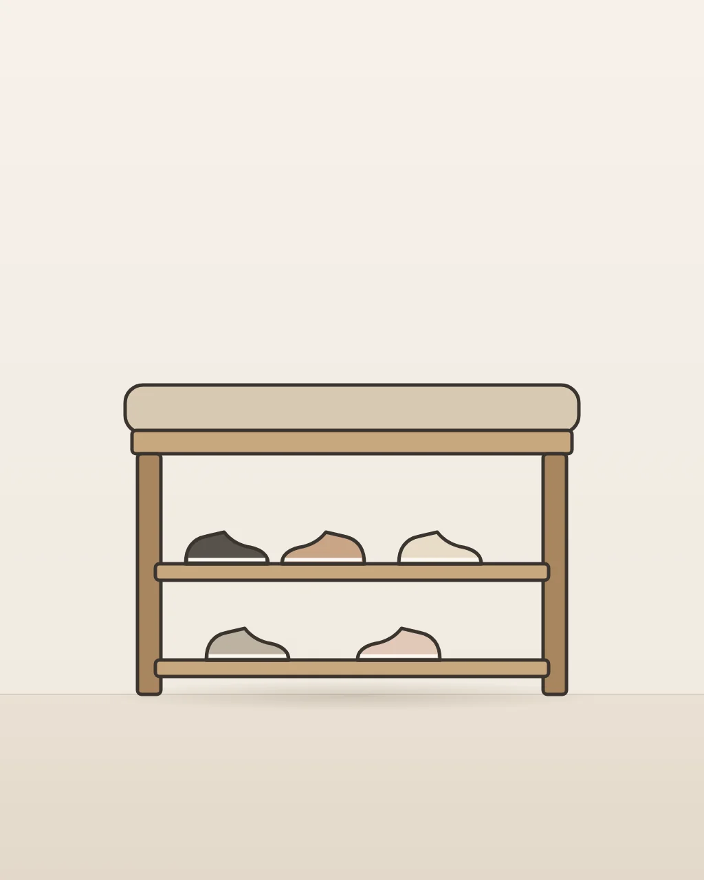 Crestmont Entryway Storage Bench, concept illustration of a cushioned bench with shoe shelves below