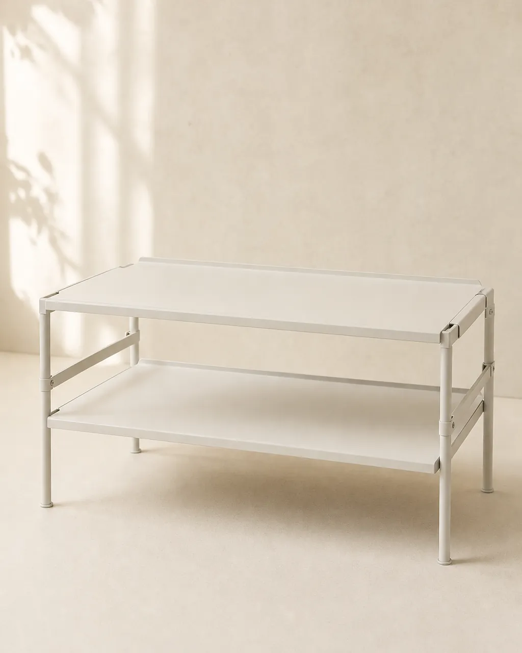 Crestmont Expandable Cabinet Shelf Organizer, product concept image on a warm neutral background