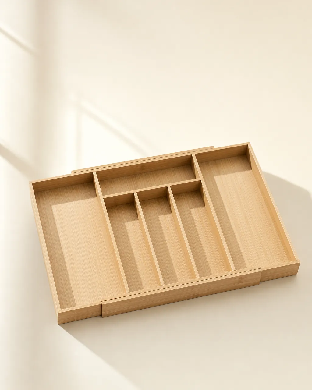 Crestmont Kitchen Drawer Cutlery Organizer, product concept image on a warm neutral background