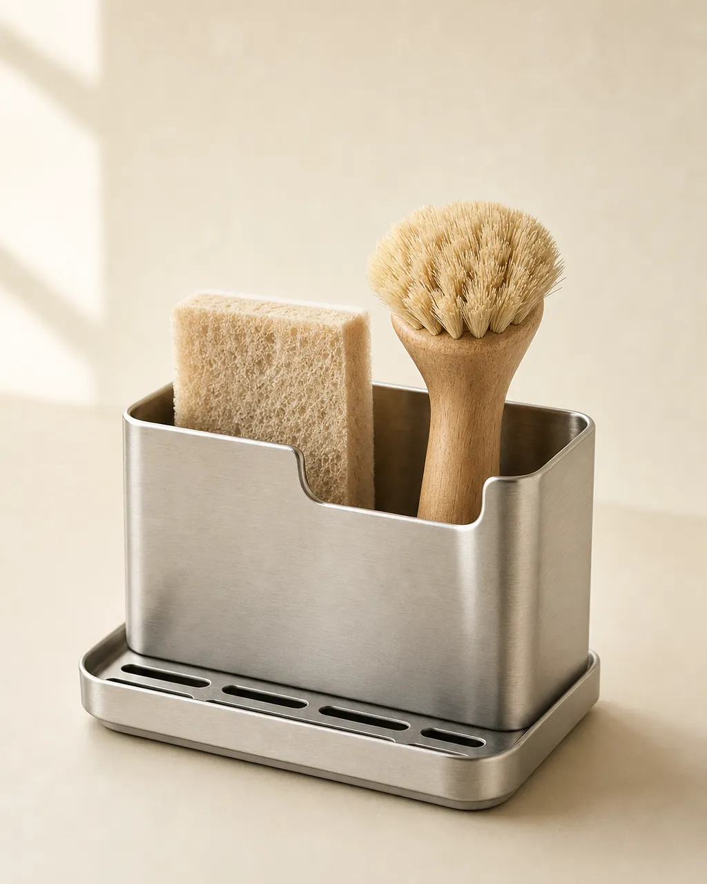 Crestmont Kitchen Sink Caddy Organizer, product concept image holding a sponge and dish brush on a warm neutral background