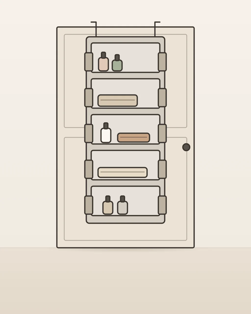 Crestmont Over-the-Door Organizer, concept illustration of shelves and side pockets hanging on a door