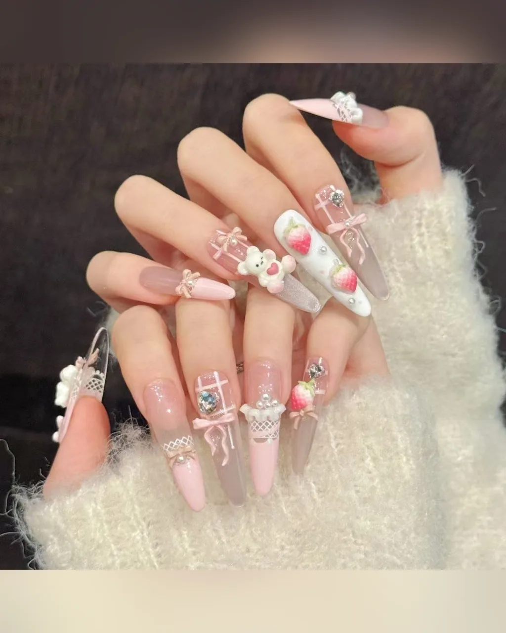 Pink Teddy Bear & Strawberry Press-On Nails, product image 1 of 2