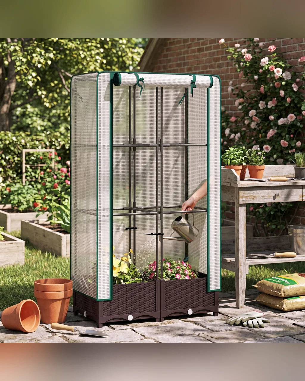 Garden & Outdoor: a raised planter bed with a trellis in a garden