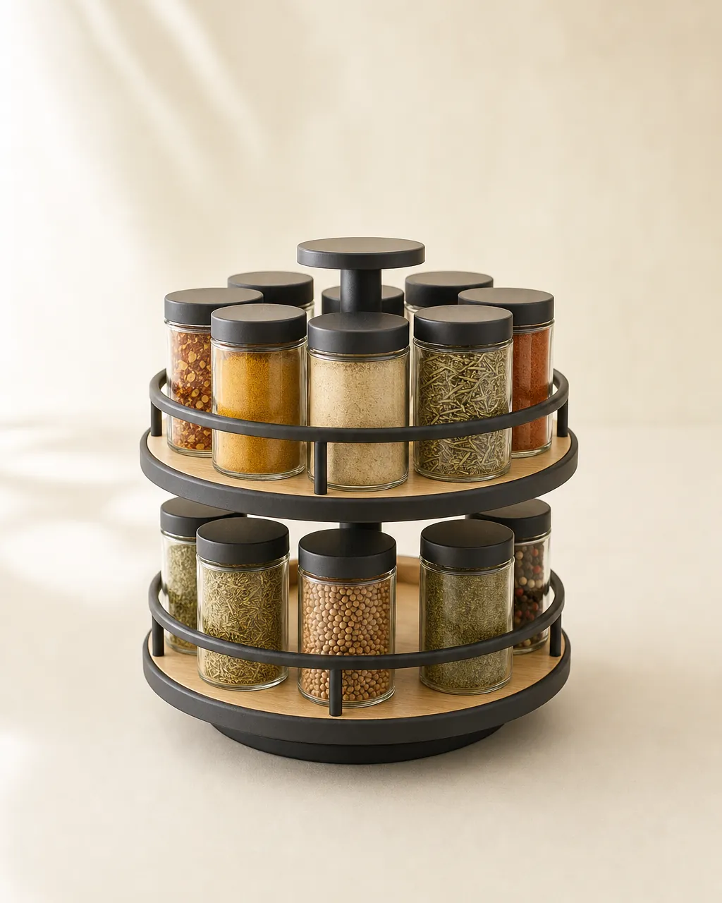 Crestmont Rotating Spice Rack Organizer, product concept image holding plain spice jars on a warm neutral background