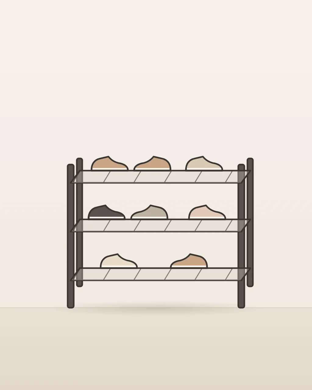Crestmont Shoe Storage Rack, concept illustration of an open three-tier rack holding shoes