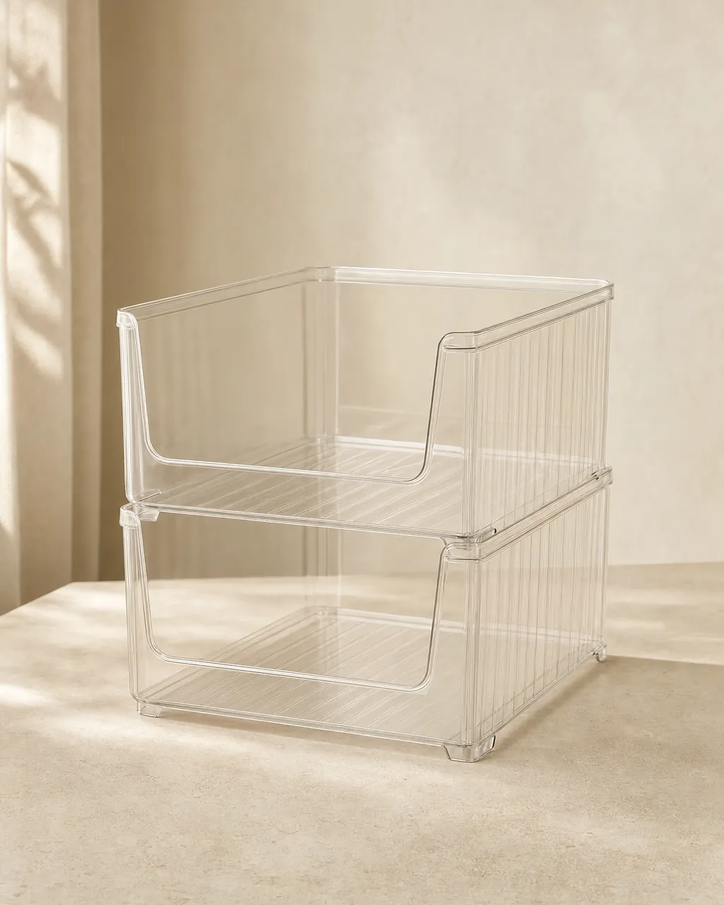 Crestmont Stackable Pantry Storage Organizer, product concept image stacked on a warm neutral background