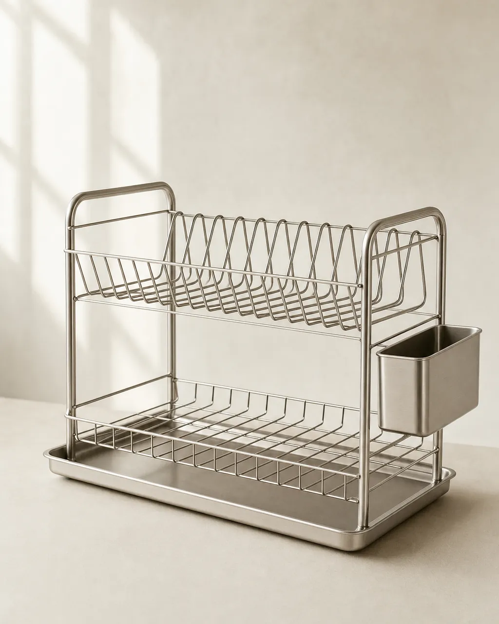 Crestmont Stainless Steel Dish Drying Rack, product concept image on a warm neutral background
