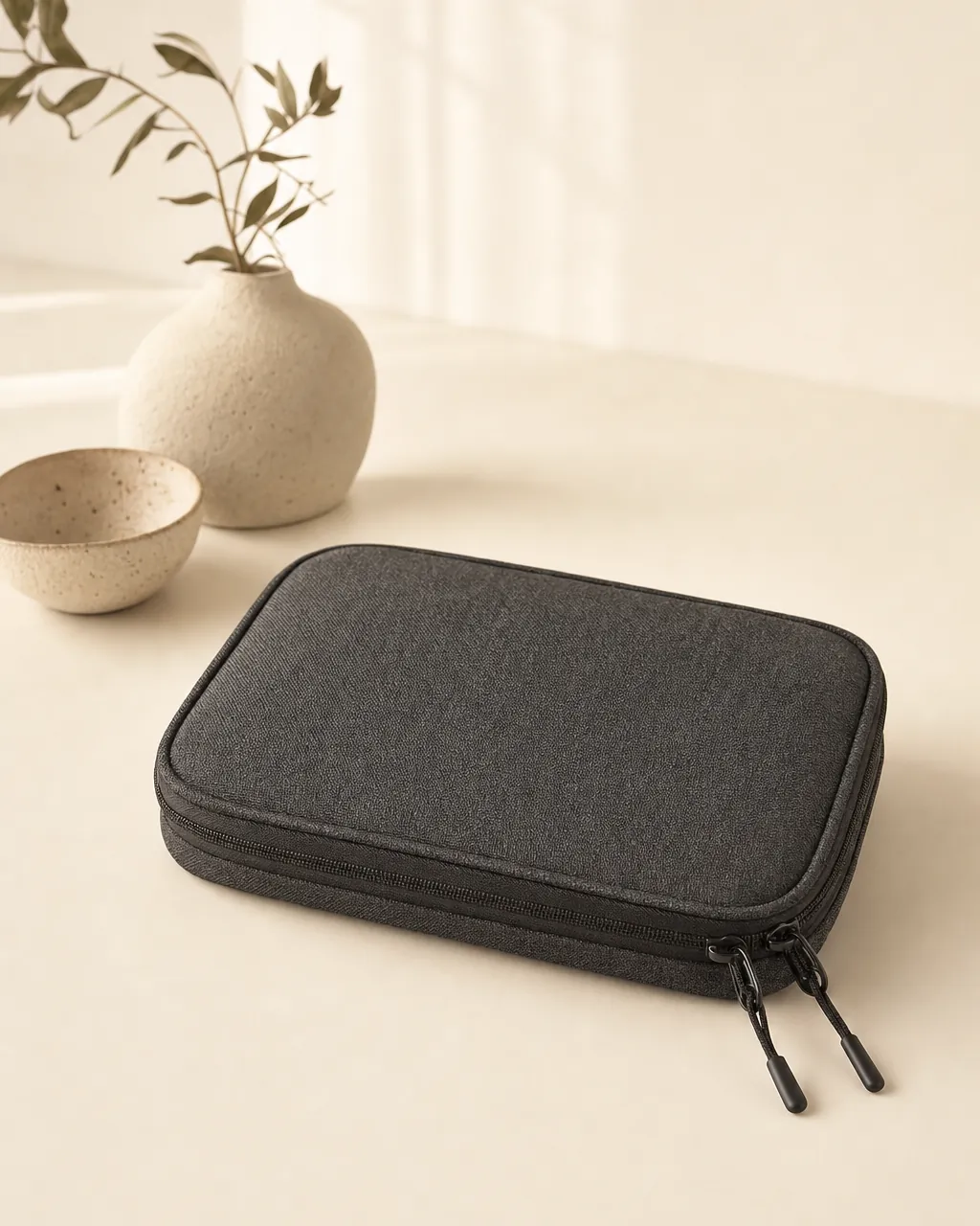 Crestmont Tech Organizer Pouch, product concept image on a warm neutral background