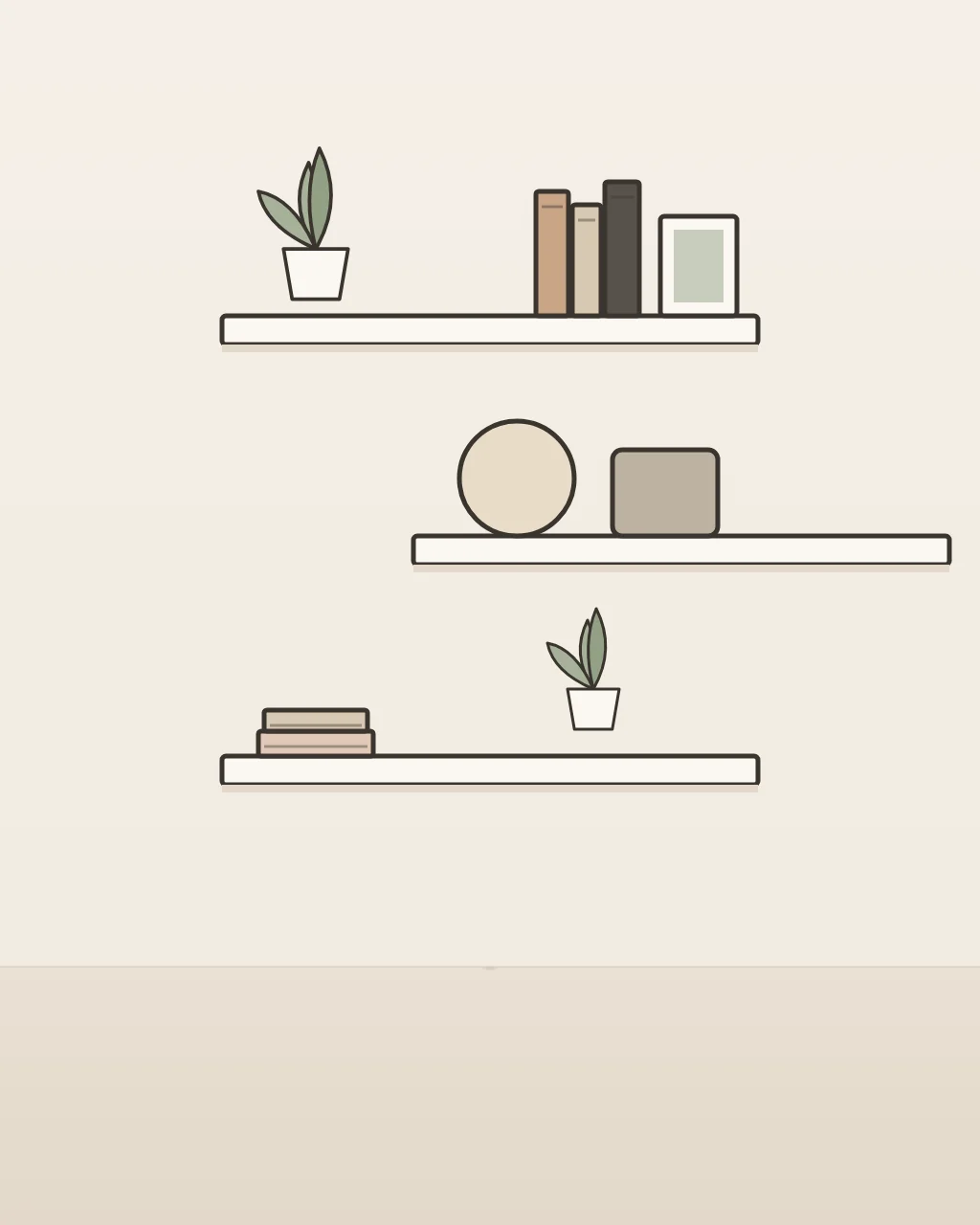 Storage & Organization concept illustration: wall shelves holding plants, books and decor
